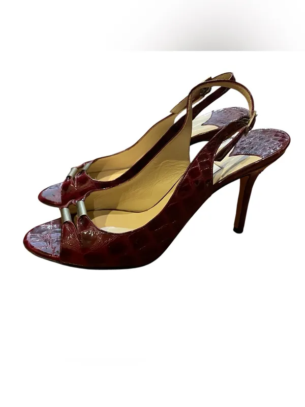 Jimmy Choo Trellis Bordeaux Croc Patent Leather Slingback Heels Women Size 37.5 - Image 3