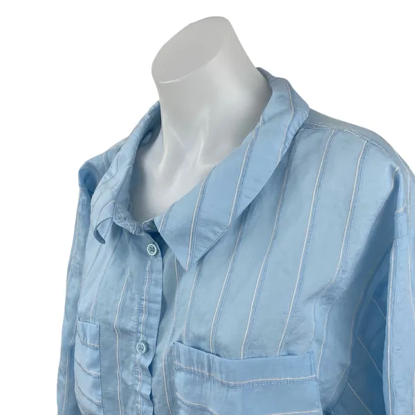 Zara Women's Blue Striped Collared Long Sleeve Button Down Shirt Blouse Top Sz M - Image 2