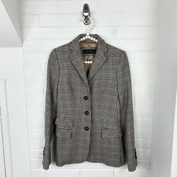 Zara Wool Blend Brown Houndstooth Knit Blazer Jacket Size XS - Image 2