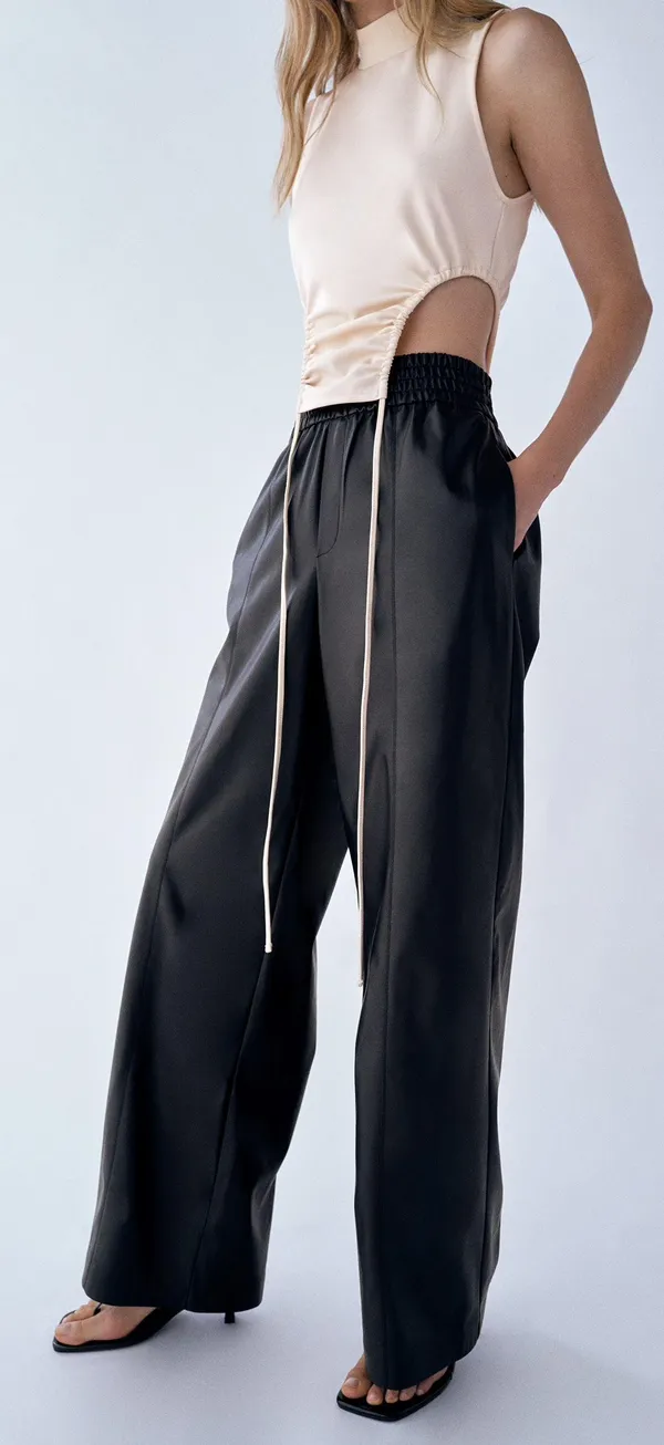 ZARA Black Faux Leather Wide Leg Pants Trousers - Image 3