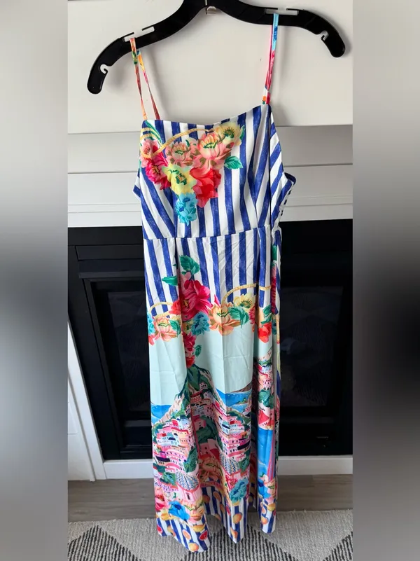 Positano Lemon Spaghetti Strap Square Neck Holiday Maxi Dress New - Image 3