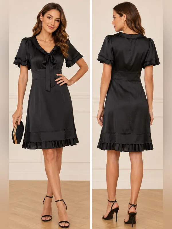 Phoebe Couture Blk Satin Tie Neck Cocktail Dress Flutter Sleeve Ruffle Hem Size8 - Image 2