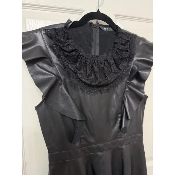 Zara Black‎ Faux Leather Lace Trim Ruffle Midi Dress Sleeveless Small - Image 3