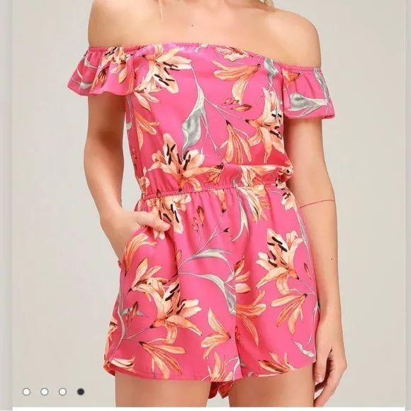 Lulus After Sunset Magenta Pink Floral Off the Shoulder Romper‎ SMALL - Image 3