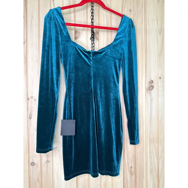 NWT Lulus Fabulous Mood Dark Teal Velvet Long Sleeve Bodycon Mini Dress Party XS - Image 5