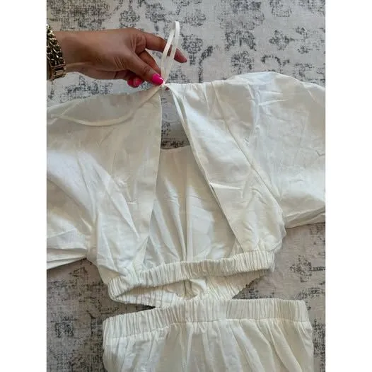 EXLBES Puff Sleeve Cut Out Back Maxi Dress White Size Small Coastal 100% Cotton - Image 9