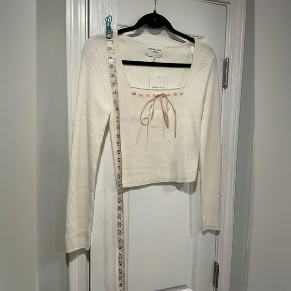 NWT Willow & Wind Size M Cream Long Sleeve Ribbed Knit Top Pink Satin Bow Detail - Image 8