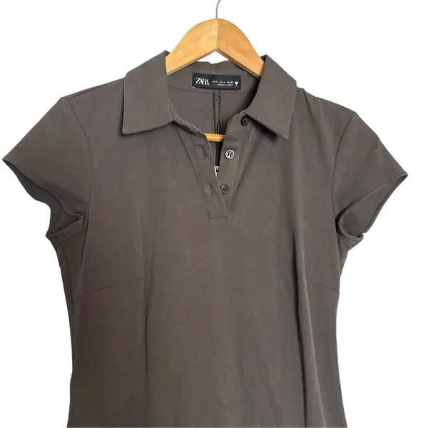 Zara Gray Dark Academia Blogger Box Pleated Drop Waist Belted Polo Mini Dress S - Image 2