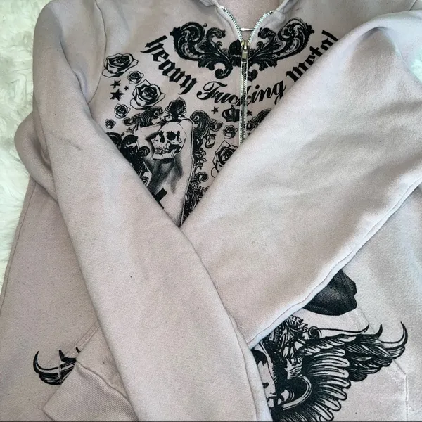 Unique print Heavy F*cking Metal zip up Hoodie size medium HAS FLAWS - Image 5
