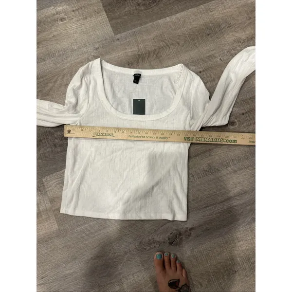 Wild Fable Women Large Trendy Square Neck White Long Sleeve Pointelle Shirt New - Image 7