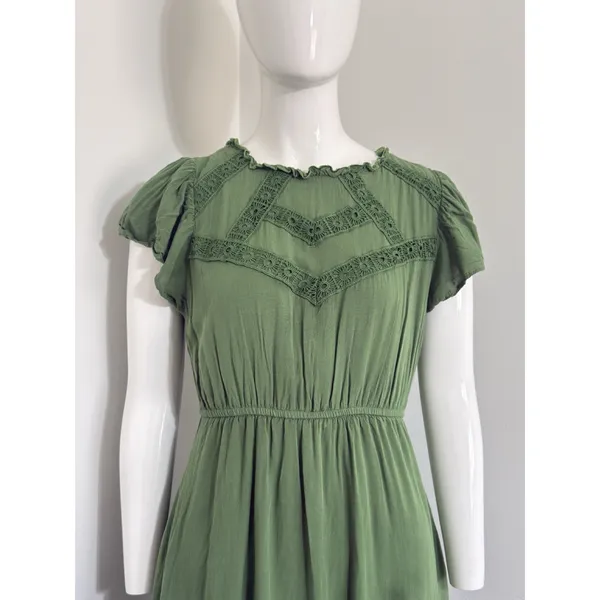 Polagram Green Midi Dress Size S Boho Cottagecore Prairie Crochet Flutter Sleeve - Image 2