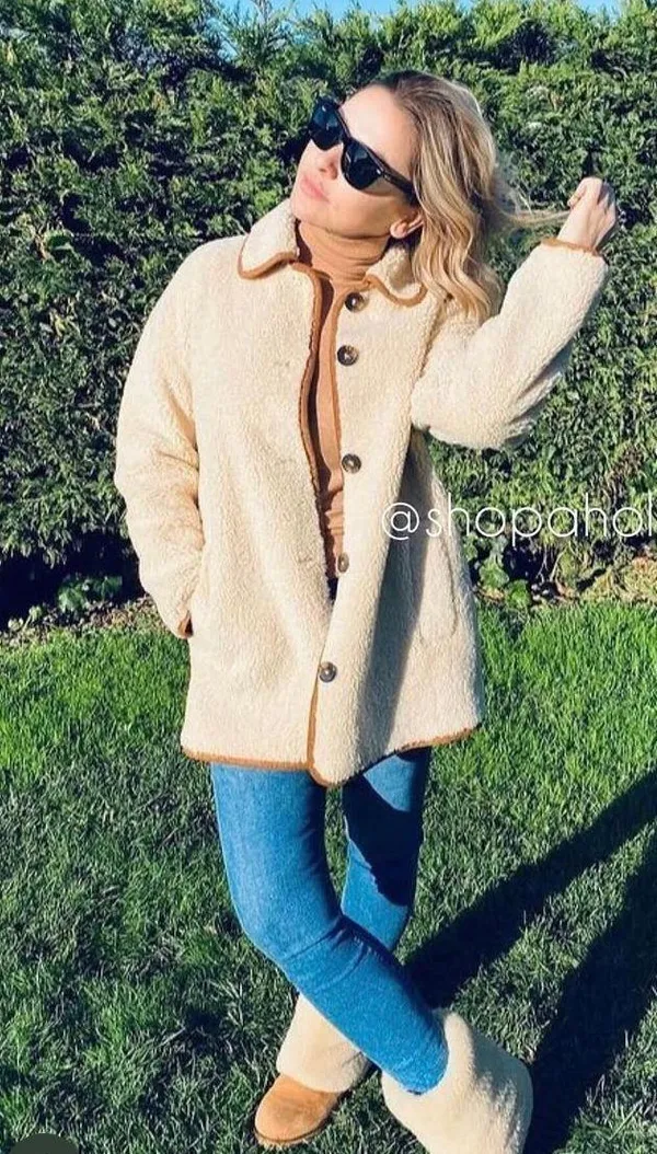 ZARA Tan Brown Cream Sherpa Suede Leather Button Down Coat Jacket - Image 6
