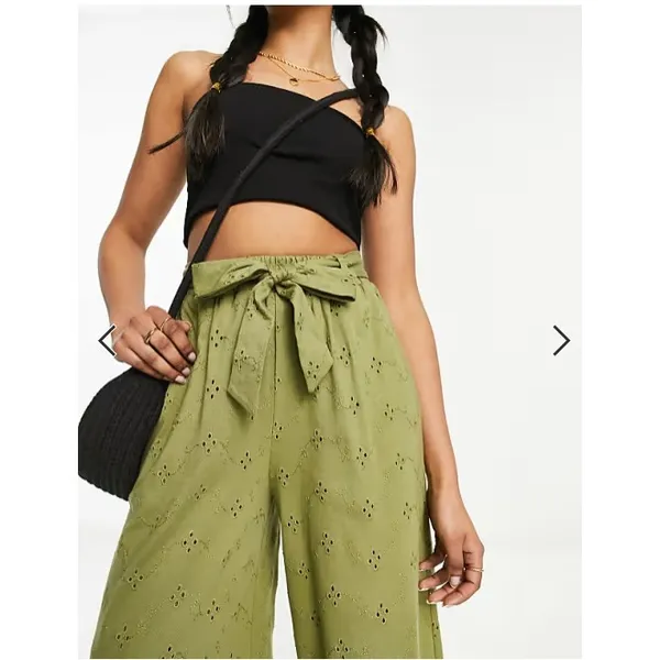 ASOS 12 Khaki Green Broderie Anglaise Wide Leg Crop Belted Pants Bohemian Beach‎ - Image 3
