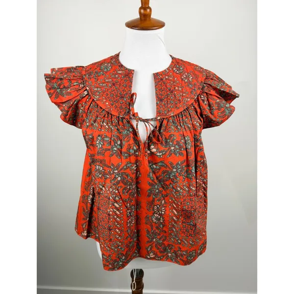 Ulla Johnson Kosta Top Printed V-Neck Blouse Ruffle Flutter Sleeve Orange XS 0 - Image 12