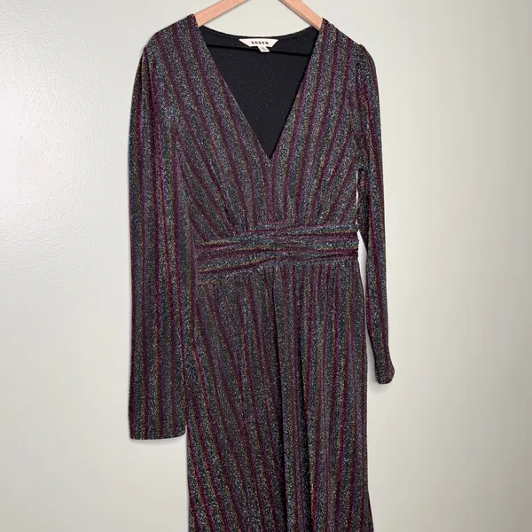 Boden Shimmer Glitter Long Sleeve Stripe Midi Dress Red Black Green Size 8 - Image 7