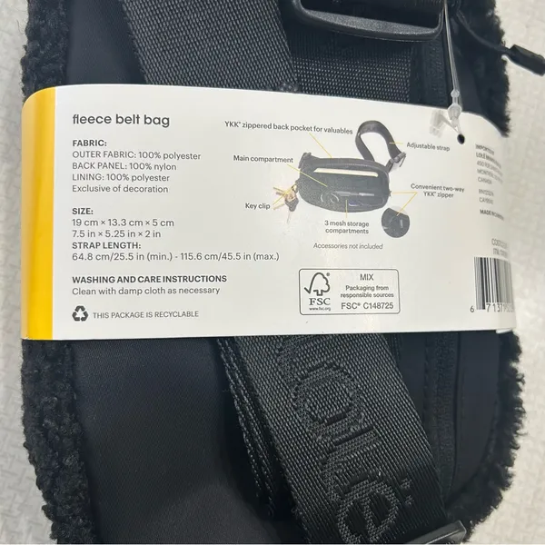 Lole Black Fleece Belt Bag 7.5” X 5.25” Crossbody, Fanny Pack, Zipper - Image 4