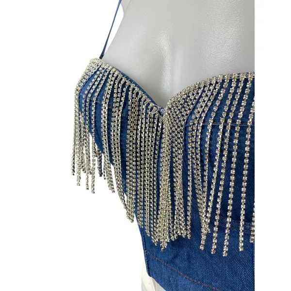 Women's Blue Fringe Rhinestone Corset Bustier Sleeveless Denim Crop Top Size 8 - Image 3