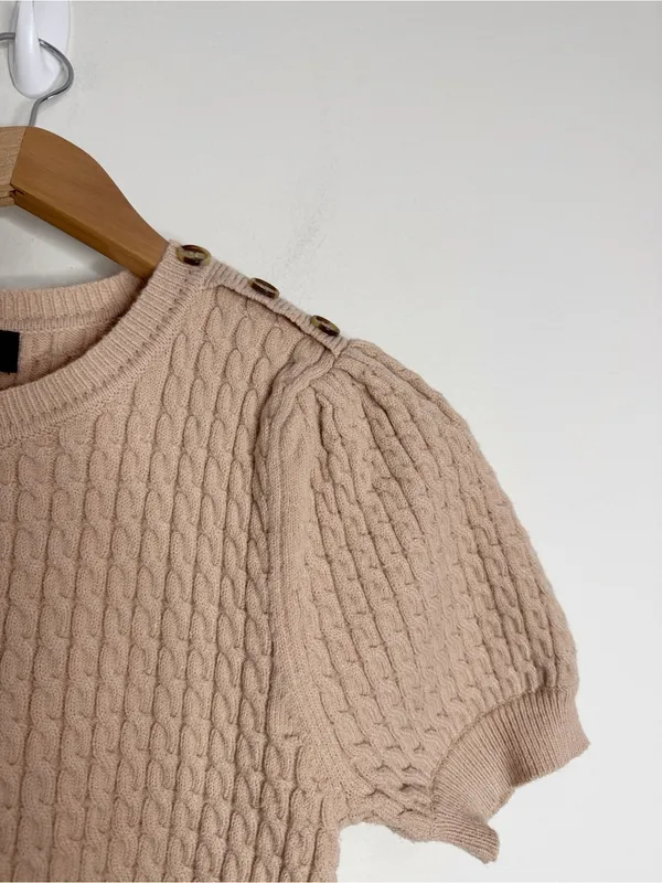 MAJORELLE Revolve Cable Knit Puff Short Sleeve Sweater Tan Button Shoulder sz S - Image 4