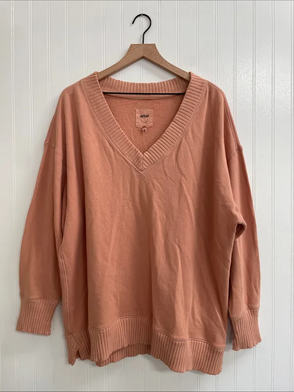 AERIE Relaxed Boyfriend Distressed V-Neck Sweatshirt Burnt Coral Size S - Image 2