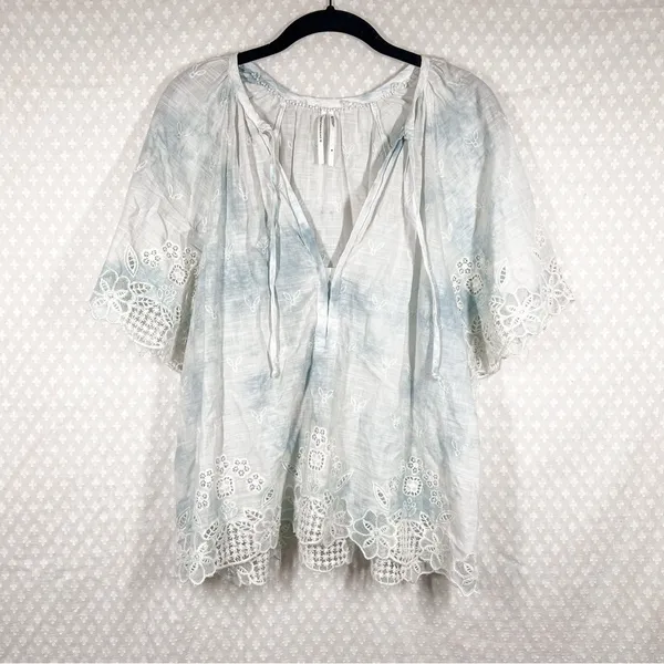 Anthropologie White Blue Tie Dye Floral Embroidered Eyelet Top‎ - Image 2