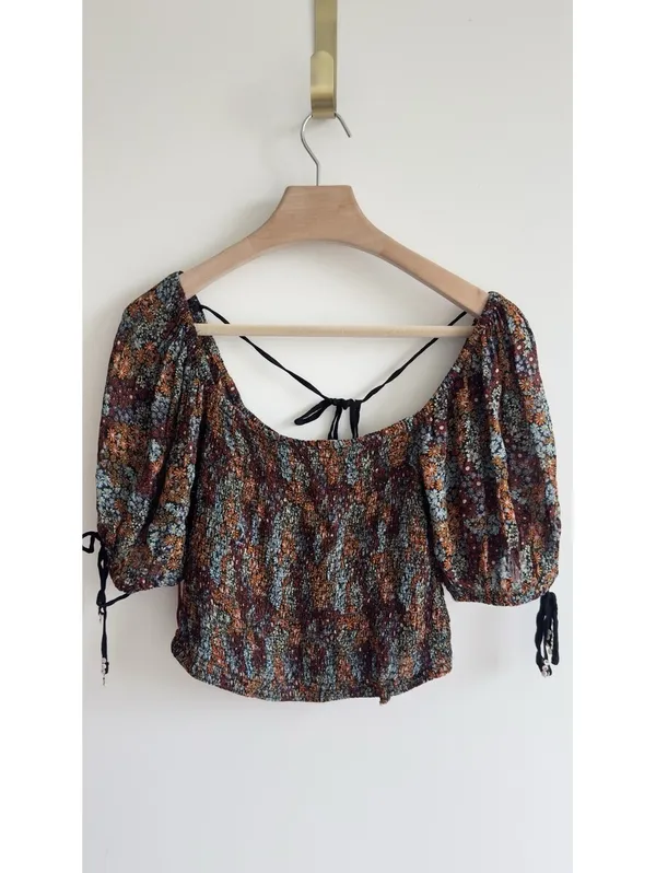Free People Boho Smock Back On Top Multicolor Floral Puff Sleeve Crop Top Sz S - Image 4