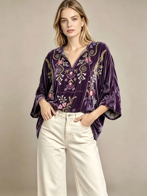 NWOT Johnny Was Silk Blend Velvet Floral Embroidered Tunic Blouse Purple Size XL - Image 2