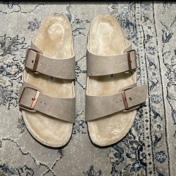 Birkenstock Arizona Shearling Desert Dust Gray Taupe Sandals - Image 7