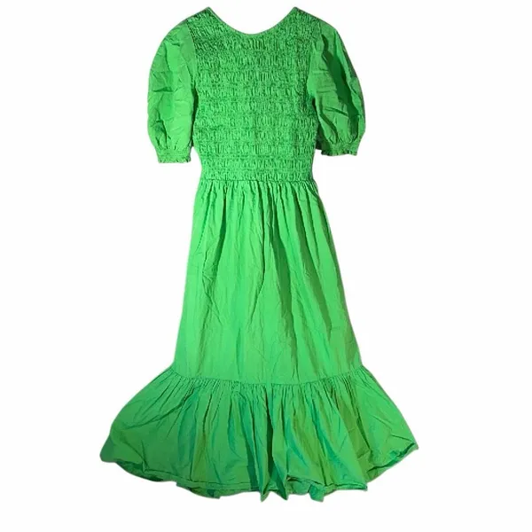 BOII Green Smocked Puff Sleeve Maxi Dress XS Cotton Tiered Ruffle Cottagecore - Image 4