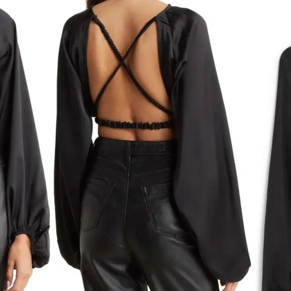 WE WORE WHAT Billow Sleeve Satin Crop Top Black Size‎ XL - Image 2