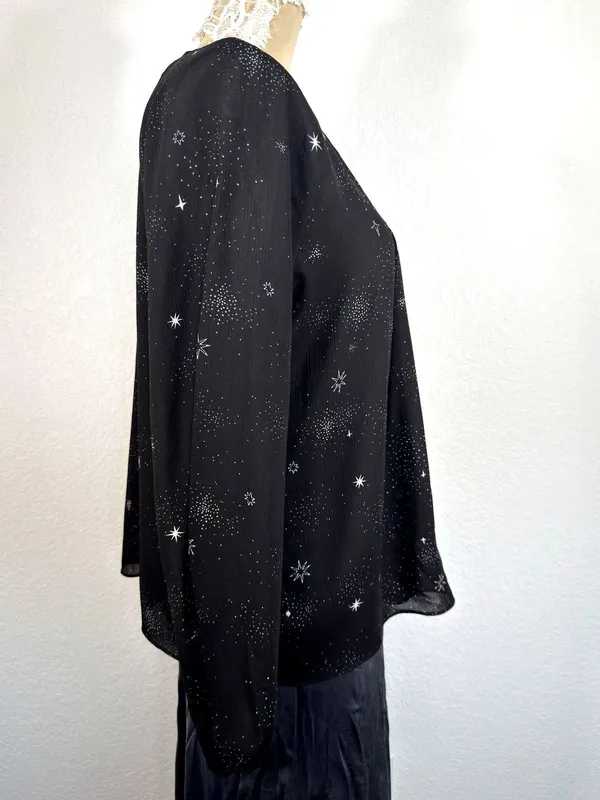Women Blouse Large Black Celestial Star Print Sheer Whimsigoth Witchy Top - Image 7