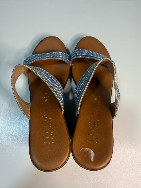 Italina Blue Striped Fabric Wedge Sandals - Image 5
