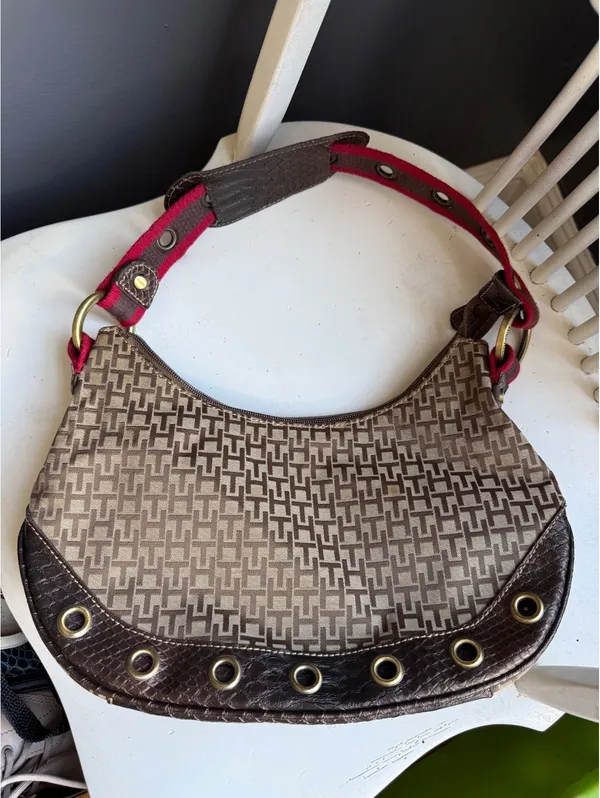 Tommy Hilfiger Brown & Beige Monogram Shoulder Bag with Red Strap - Image 4
