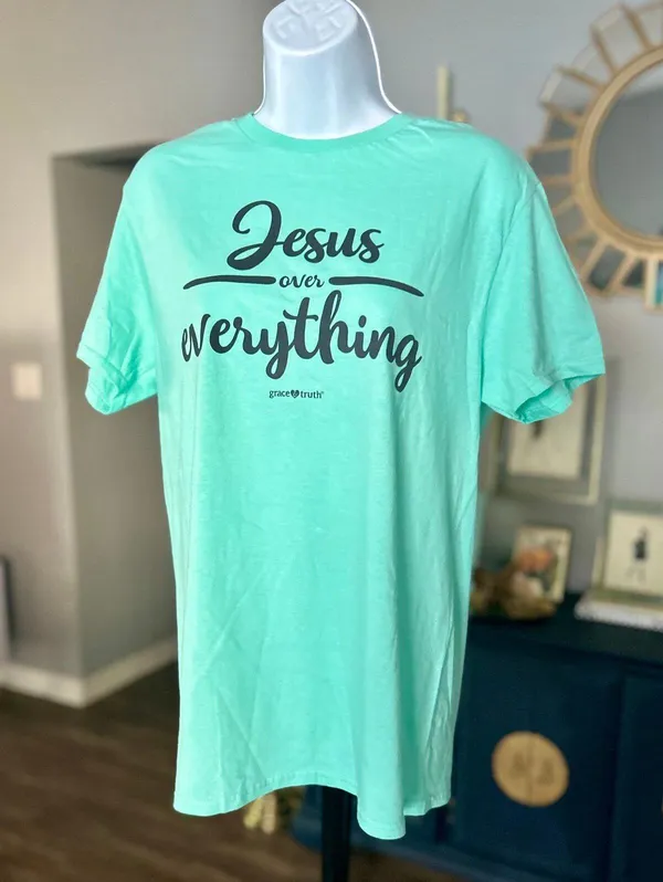 “Jesus over Everything” Aqua Tee Shirt Blue Size M - Image 2