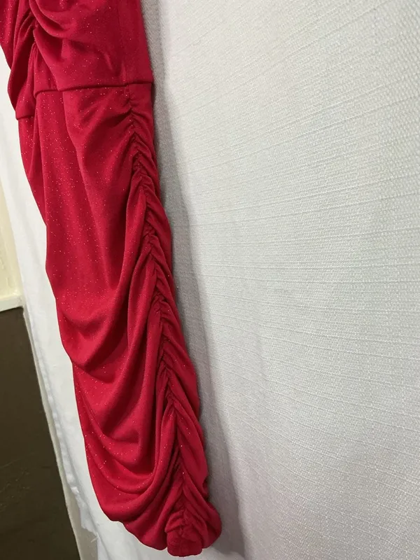 Red Glitter Ruched Bodycon Mini Dress - Image 3