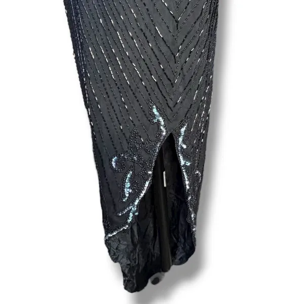 Vintage Black Beaded Sequin Evening Gown Maxi Dress Art Deco Formal Glam Elegant - Image 6