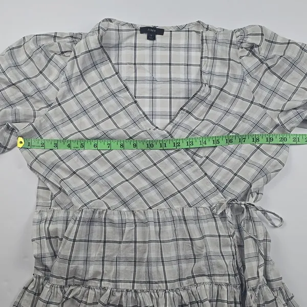 J.‎ Crew Cotton Voile Wrap Mini Dress Puff Sleeves In Oyster White Plaid Small - Image 7