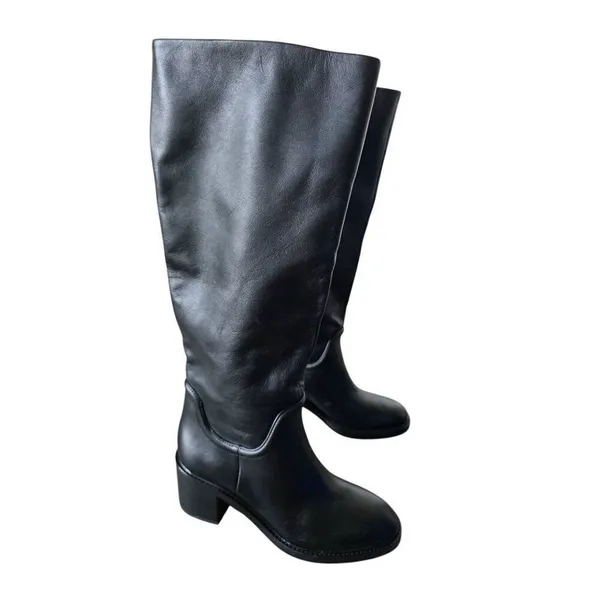 Vince Leather Tall Boots Black Block Heel Size 6 Almond‎ Toe NEW - Image 2