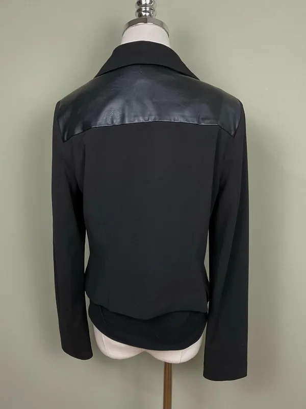 WHBM Black Draped Blazer Open Front Jacket Mixed Media Vegan Sz 10 - Image 5