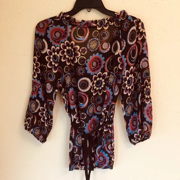 Sheer Floral Brown Retro Blouse M Size M - Image 3