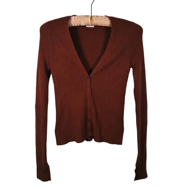 Abercrombie & Fitch Slim Button Up Ribbed Cardigan Small Brown Quiet Luxury Fall - Image 2