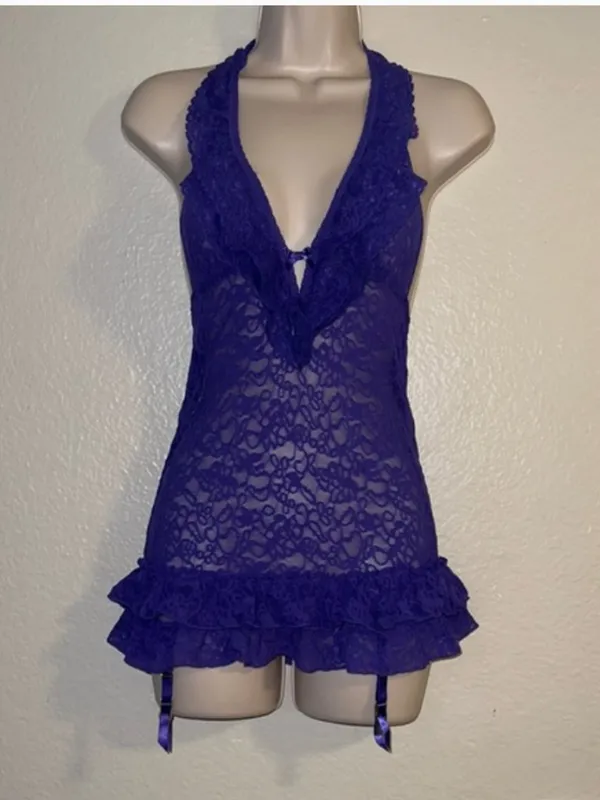 Victorias Secret The Lacie Sheer Lace Halter Babydoll Lingerie Purple Size Small - Image 2