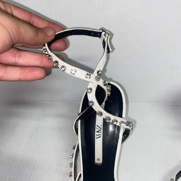 Zara White Leather Studded Embellished Rhinestone Heeled Sandals Women's 41 11 - Image 8