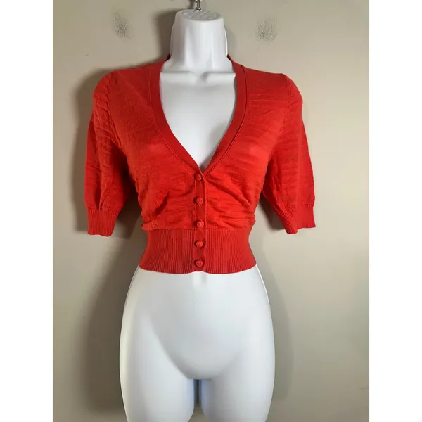 Banana Republic Womens M Coral Red Cotton Cropped‎ Short Sleeve Cardigan Sweater - Image 2