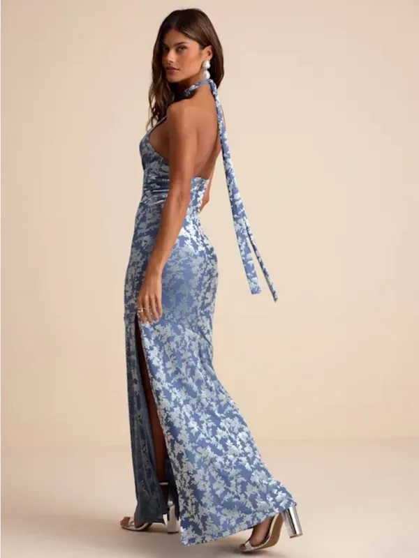 Lulus Sharon Slate Blue Velvet Burnout Halter Maxi Dress - Size XL - Image 3