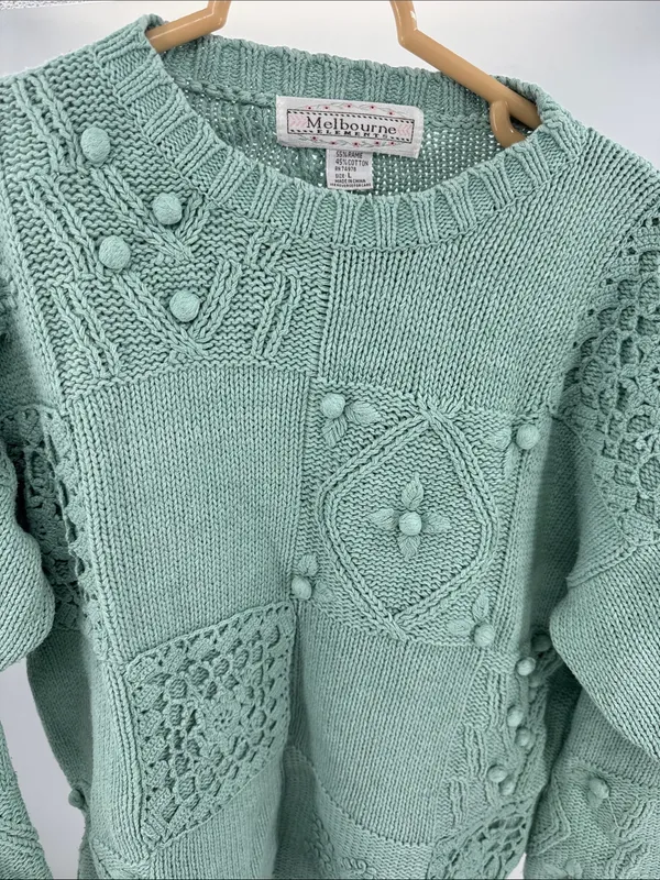 Melbourne Elements Pom Pom crochet Knit Patchwork Sweater sage L cottage - Image 5