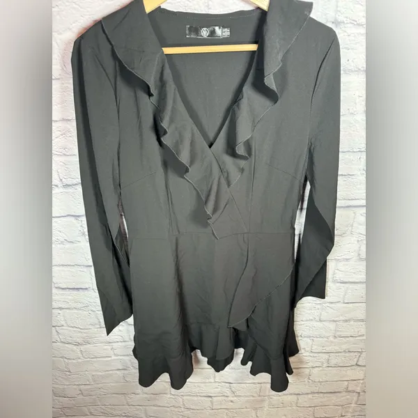 Missguided Ruffle Vneck black mini‎ dress women’s size 8 - Image 2