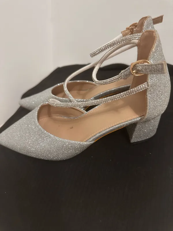 Sugar Everett Silver Glitter Rhinestone Ankle Strap Block Heels - Image 3