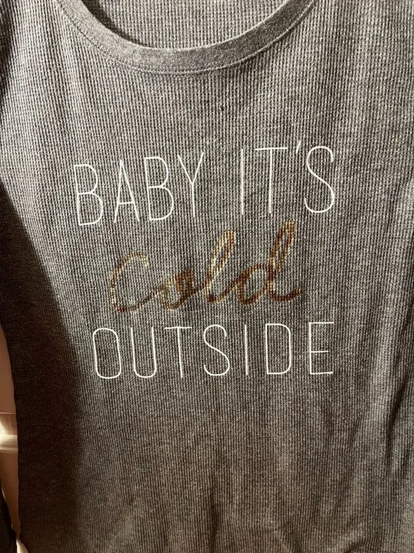 Old Navy Women's Long Sleeve Waffle Knit Graphic T-Shirt Gray Baby It's Cold Out - Image 4