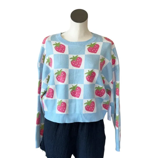 NWT Luna Ivy X Anthropologie Blue Checkered Strawberry Pullover Sweater Farm M - Image 2
