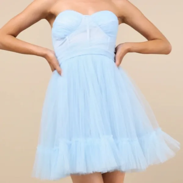 LULUS Sexy Prom Wedding Bustier Cocktail Party Tulle Mesh Ruffle Mini Dress - Image 5